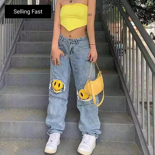Vintage Smiley Patch Mom Jeans